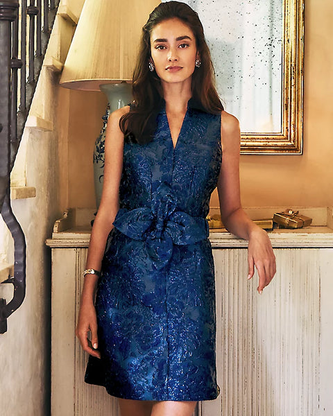 navy blue brocade dress The Veronica Dress in Navy Baroque Floral 20 / Navy Baroque Floral