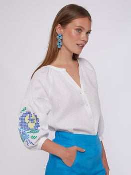 Mabel Shirt, Embroidered White Linen-Vilagallo