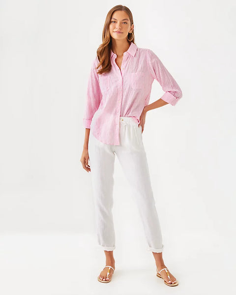 Sea View Button Down, Conch Shell Pink X Resort White – Melly