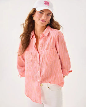 Sea View Button Down, Ltwt Oxford Stripe, Papaya X Conch Shell Pink-Lilly Pulitzer