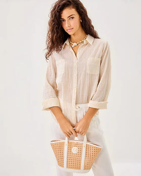 Sea View Button Down, LTWT Oxford Stripe, Wicker Tan-Lilly Pulitzer
