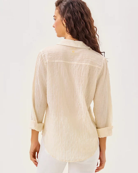 Sea View Button Down, LTWT Oxford Stripe, Wicker Tan-Lilly Pulitzer