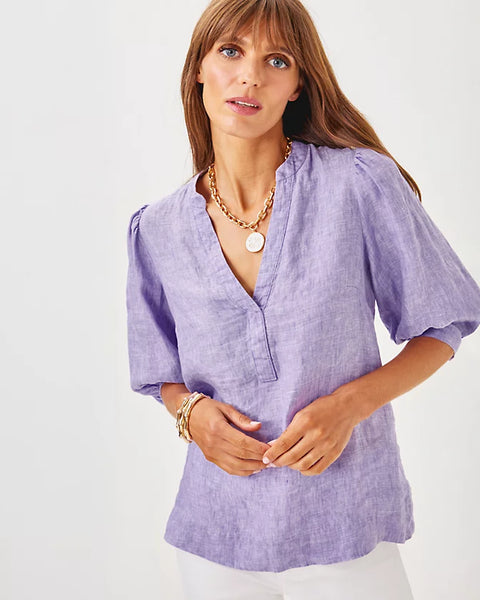 Mialeigh Elbow Sleeve Linen Top, Tropical Purple Resort White-Lilly Pulitzer