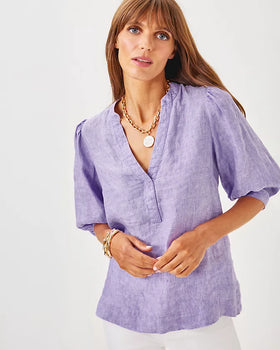 Mialeigh Elbow Sleeve Linen Top, Tropical Purple Resort White-Lilly Pulitzer