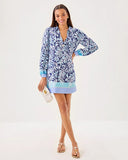 Iralanne Long Sleeve Popover, Sapphire Pool Summer Shorelines Engineered Woven Dress-Lilly Pulitzer