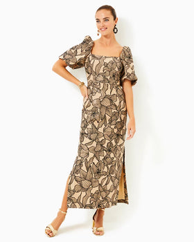 Linora Maxi Dress, Wicker Tan Embroidered Sequin Exploded Flora-Lilly Pulitzer