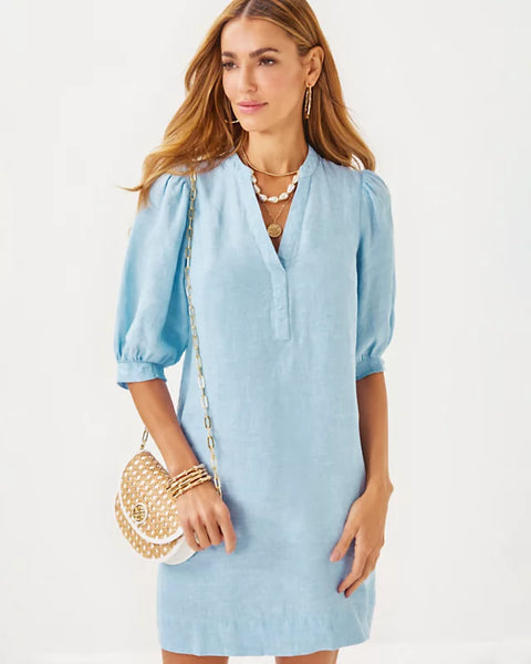 Mialeigh Elbow Sleeve Linen Dress, Blue Peri X Resort White-Lilly Pulitzer