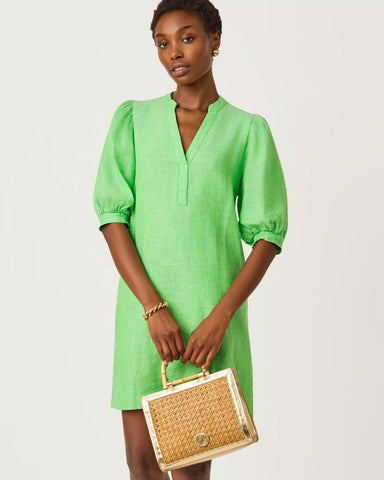 Mialeigh Elbow Sleeve Linen Dress, Outting Green x Resort White-Lilly Pulitzer