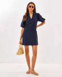 MIALEIGH ELBOW SLEEVE LINEN DRESS, TRUE NAVY X TRUE NAVY-Internet Return from Lilly.com