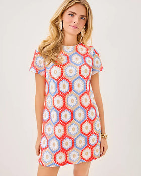 Leyla Shift Dress, Cane Coral Daisy Hex Crochet-Lilly Pulitzer