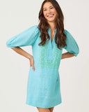 Mialeigh Elbow Sleeve Linen Dress, Capri Blue x Resort White-Lilly Pulitzer