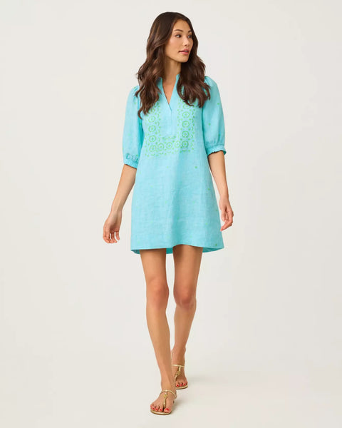 Mialeigh Elbow Sleeve Linen Dress, Capri Blue x Resort White-Lilly Pulitzer