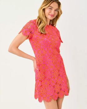 Cortney Crochet Shift - Cherry Blossom Pink X Sunset Orange Full Bloom Knit Crochet Panel-Lilly Pulitzer