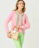 Brockton Crew Neck Cardigan, Conch Shell Pink X Jackfruit Green-Lilly Pulitzer