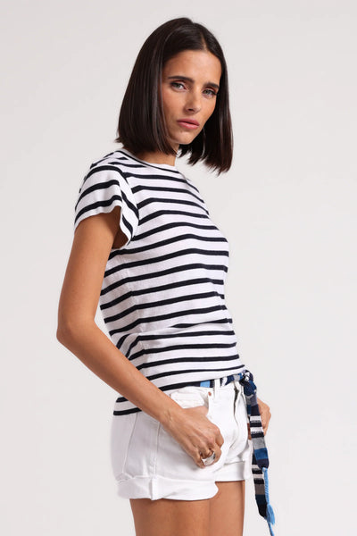 Striped Cap Sleeve Crew, White/Navy-Minnie Rose
