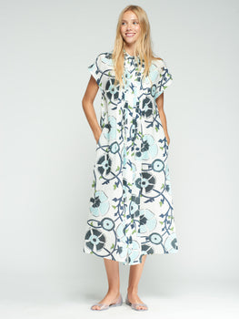 Jaretas Dress, Flor Azul Lino Print-Vilagallo