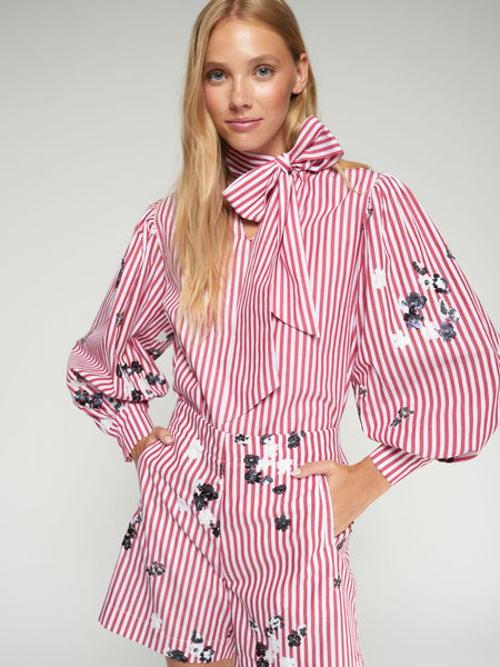 Bow Shirt with Red Tie and Sequins, Red White-Vilagallo
