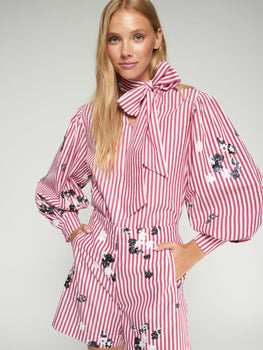 Bow Shirt with Red Tie and Sequins, Red White-Vilagallo
