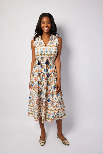 STS Smock Waist Midi, Geo Floral Border Print-Sail to Sable