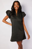 STS Puff Sleeve Button Front Dress, Black/ Gold Jacquard-Sail to Sable