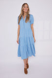 Puff Sleeve Button Front Midi Dress, Light Chambray-Sail to Sable