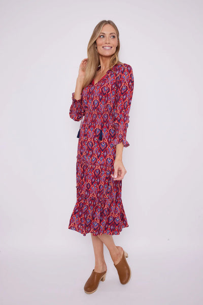 Smocked Waist Midi, Red Ikat Print-Sail to Sable