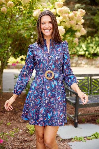 Belted Tunic Dress, Aztec Floral Print-Sail to Sable