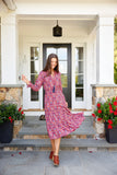 Smocked Waist Midi, Red Ikat Print-Sail to Sable