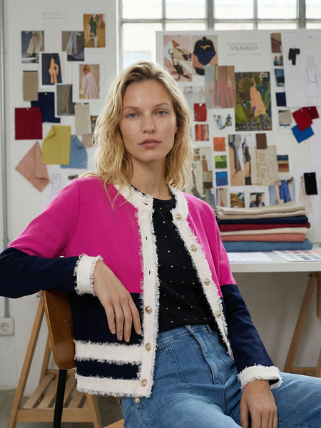 Colorblock Sweater Jacket, Fuchsia Navy-Vilagallo