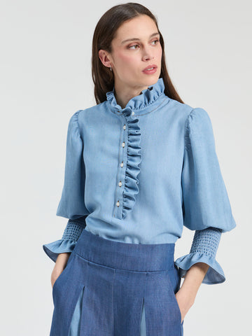 Vil Denim Ruffle Shirt, Blue-Vilagallo