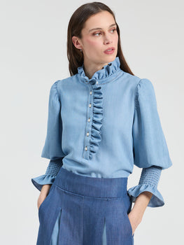 Vil Denim Ruffle Shirt, Blue-Vilagallo