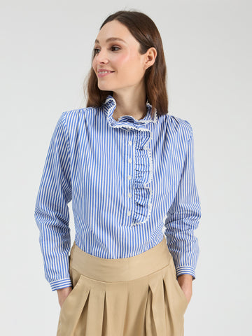 Striped Ruffle Shirt, Blue/ White-Vilagallo