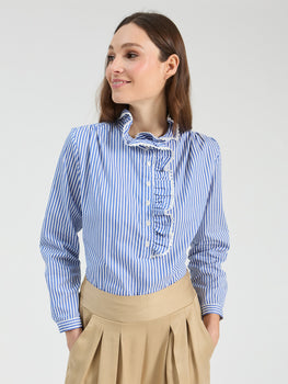 Striped Ruffle Shirt, Blue/ White-Vilagallo