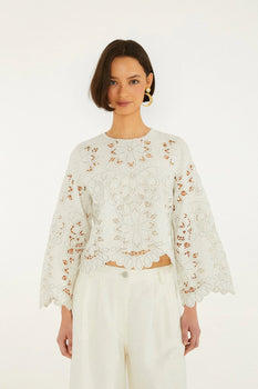 Off-White Flowers Richilieur Long Sleeve Blouse, Off-White-Farm Rio