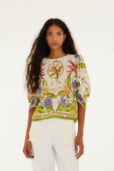 Tropical Scarf Blouse, Sand Green-Farm Rio