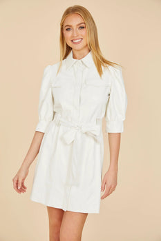 3/4 Sleeve Belted Dress, White-Dolce Cabo