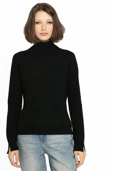 Cashmere Turtle Neck-Slit Sleeve, Black-Minnie Rose