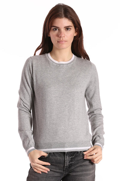 Cotton Cashmere Long Sleeve Crew with Tipping - Grey/White-Minnie Rose