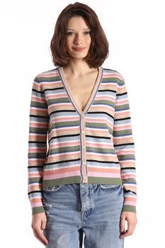 Cotton Cashmere Striped Cardigan, Multi-Minnie Rose