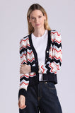Cotton Cashmere Chevron V Neck Cardigan, Navy Combo-Minnie Rose