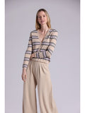 Cotton Cashmere Striped V Neck Cardigan, Brown Sugar-Minnie Rose