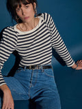 Nation Amelie Envelope Neck Top, Navy and White Pointelle Stripe-Nation LTD