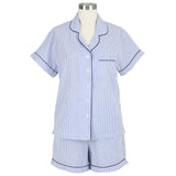 Short Sleeve Shorty Pajamas, Blue Seersucker-Navy-Needham Lane