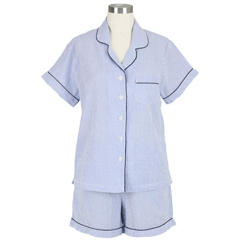 Short Sleeve Shorty Pajamas, Blue Seersucker-Navy-Needham Lane
