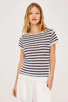 Cady Top, Ivory Indigo Stripe