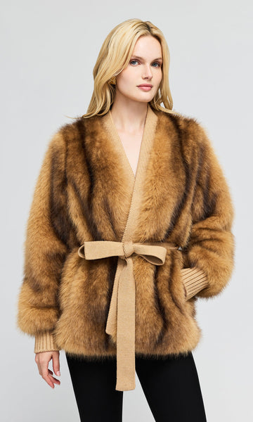 Heloise Faux Fur Belted Wrap Jacket, Toasted Brown