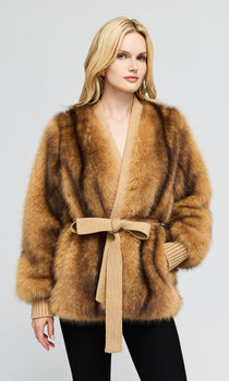 Heloise Faux Fur Belted Wrap Jacket, Toasted Brown-Generation Love