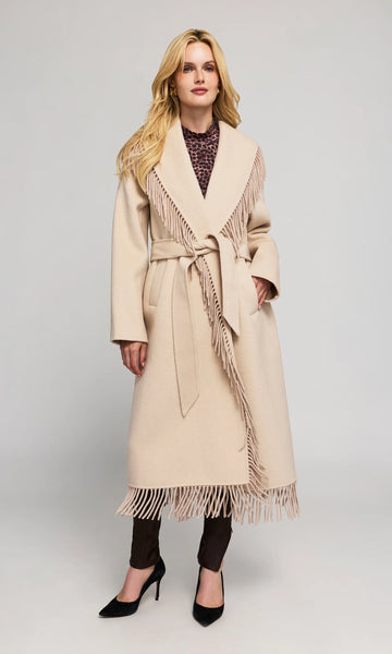 Jenny Fringe Wool Coat, Soft Beige