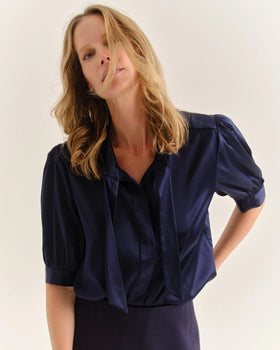 Cartolina Short Sleeve Blouse, Midnight Blue-Cartolina