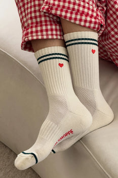 Embroidered Boyfriend Socks, Parchment + Heart